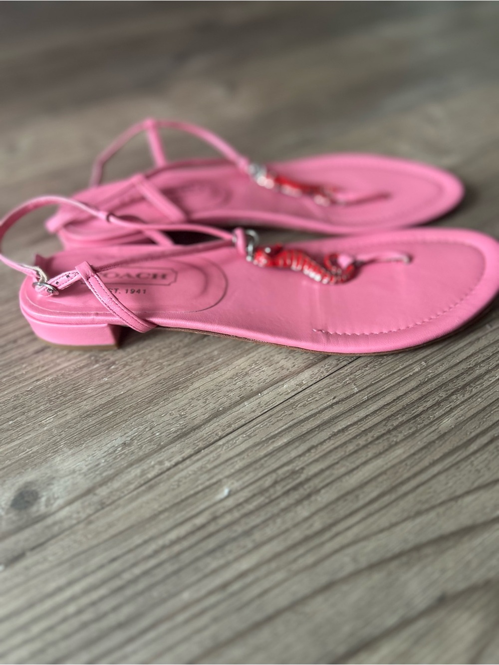 Coach pink seahorse thong sandals with red embellished seahorse. Size 7.5